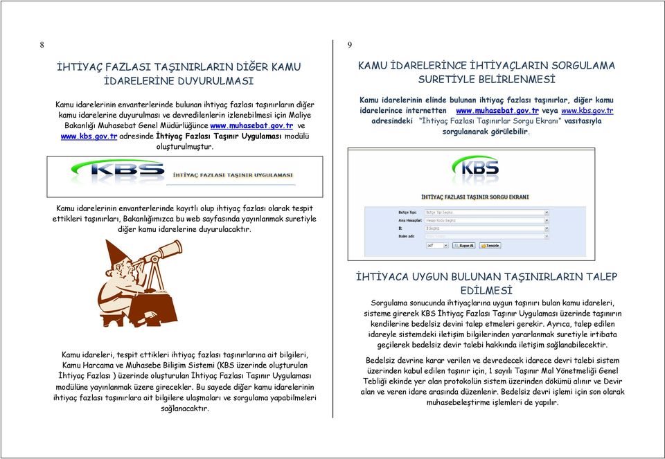 KAMU İDARELERİNCE İHTİYAÇLARIN SORGULAMA SURETİYLE BELİRLENMESİ Kamu idarelerinin elinde bulunan ihtiyaç fazlası taşınırlar, diğer kamu idarelerince internetten www.muhasebat.gov.