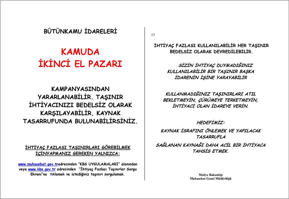 13 İHTİYAÇ FAZLASI KULLANILABİLİR HER TAŞINIR BEDELSİZ OLARAK DEVREDİLEBİLİR.