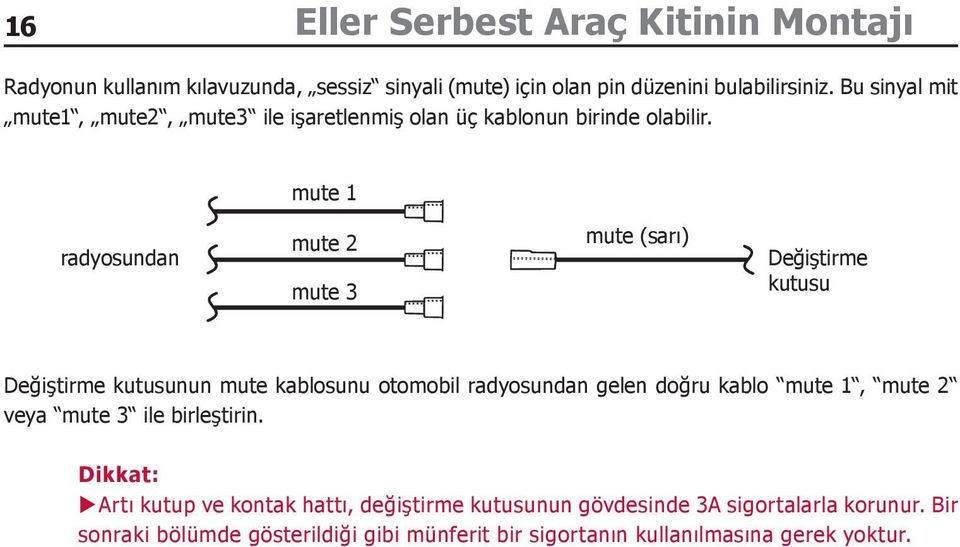 mute 1 radyosundan mute 2 mute 3 mute (sarı) Değiştirme kutusu Değiştirme kutusunun mute kablosunu otomobil radyosundan gelen doğru kablo mute 1,