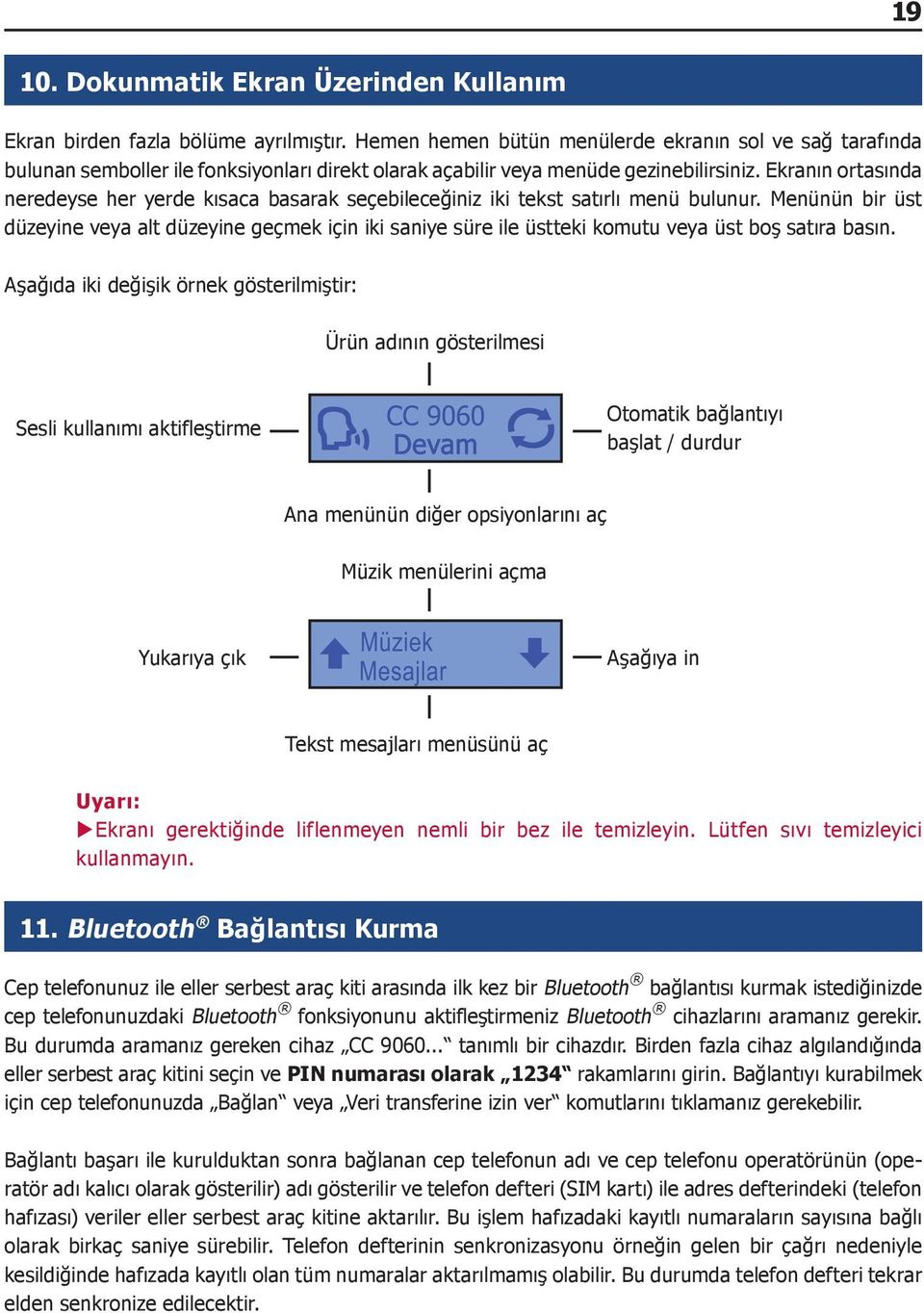 Ekranın ortasında neredeyse her yerde kısaca basarak seçebileceğiniz iki tekst satırlı menü bulunur.