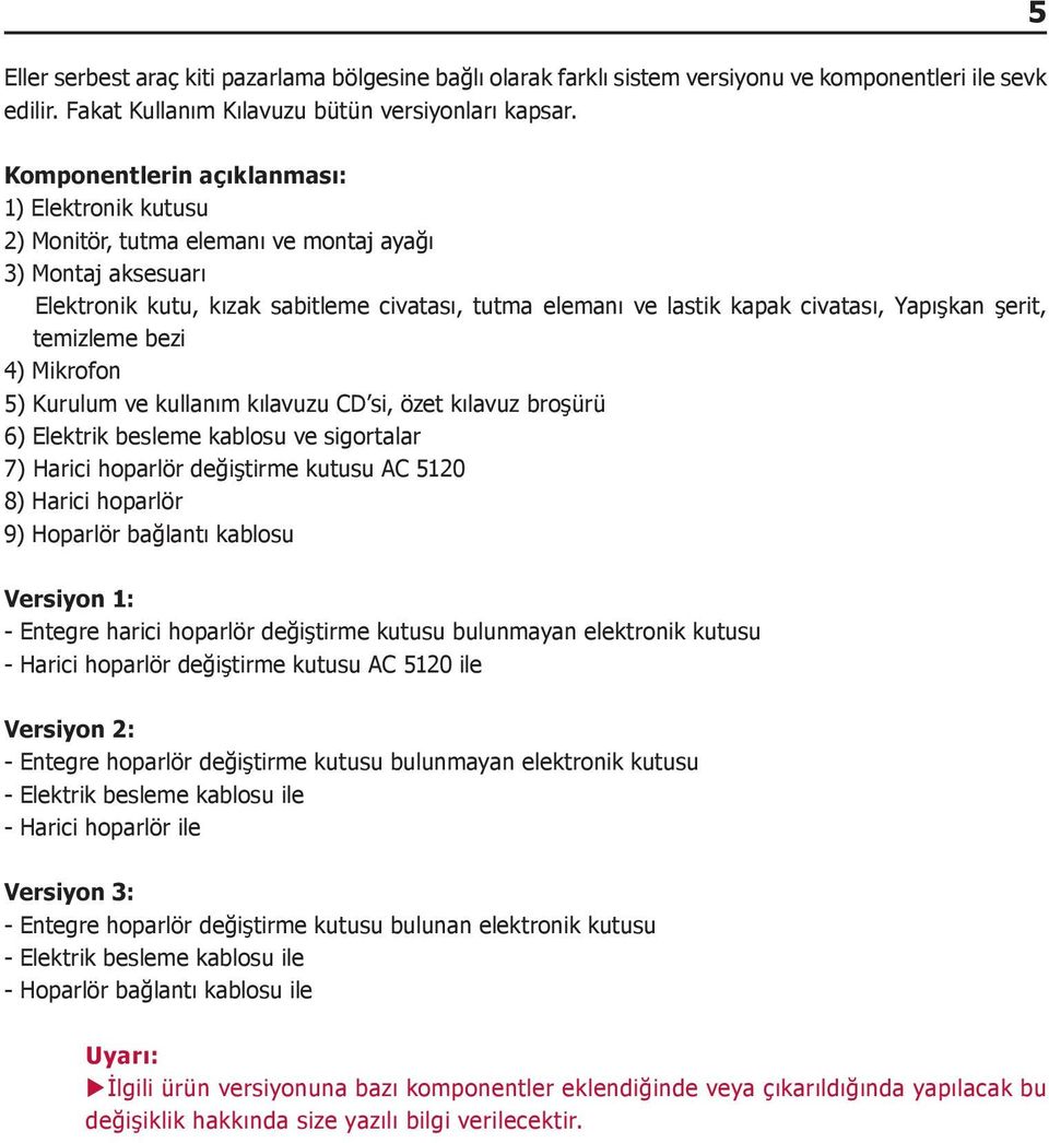 Yapışkan şerit, temizleme bezi 4) Mikrofon 5) Kurulum ve kullanım kılavuzu CD si, özet kılavuz broşürü 6) Elektrik besleme kablosu ve sigortalar 7) Harici hoparlör değiştirme kutusu AC 5120 8) Harici