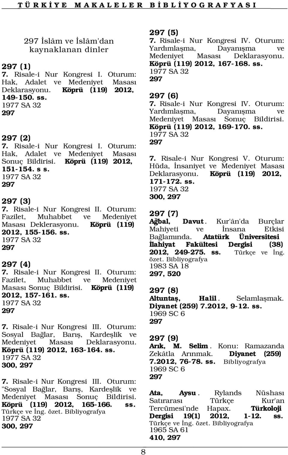 Oturum: Fazilet, Muhabbet ve Medeniyet Masas Deklerasyonu. Köprü (119) 2012, 155-156. ss. 1977 SA 32 297 297 (4) 1983 SA 18 7. Risale-i Nur Kongresi II.