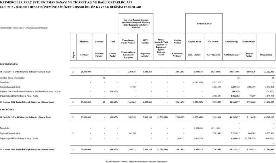 Planları Yeniden Ölçüm Kazançları/ Kayıpları MDV Yeniden Değerleme Artışları Ortak Kontrole Tabi Teşebbüs ve İşletmeleri İçeren Birleşme Etkisi Kardan Ayrılan Kısıtlanmış Yedekler Geçmiş Yıllar Net