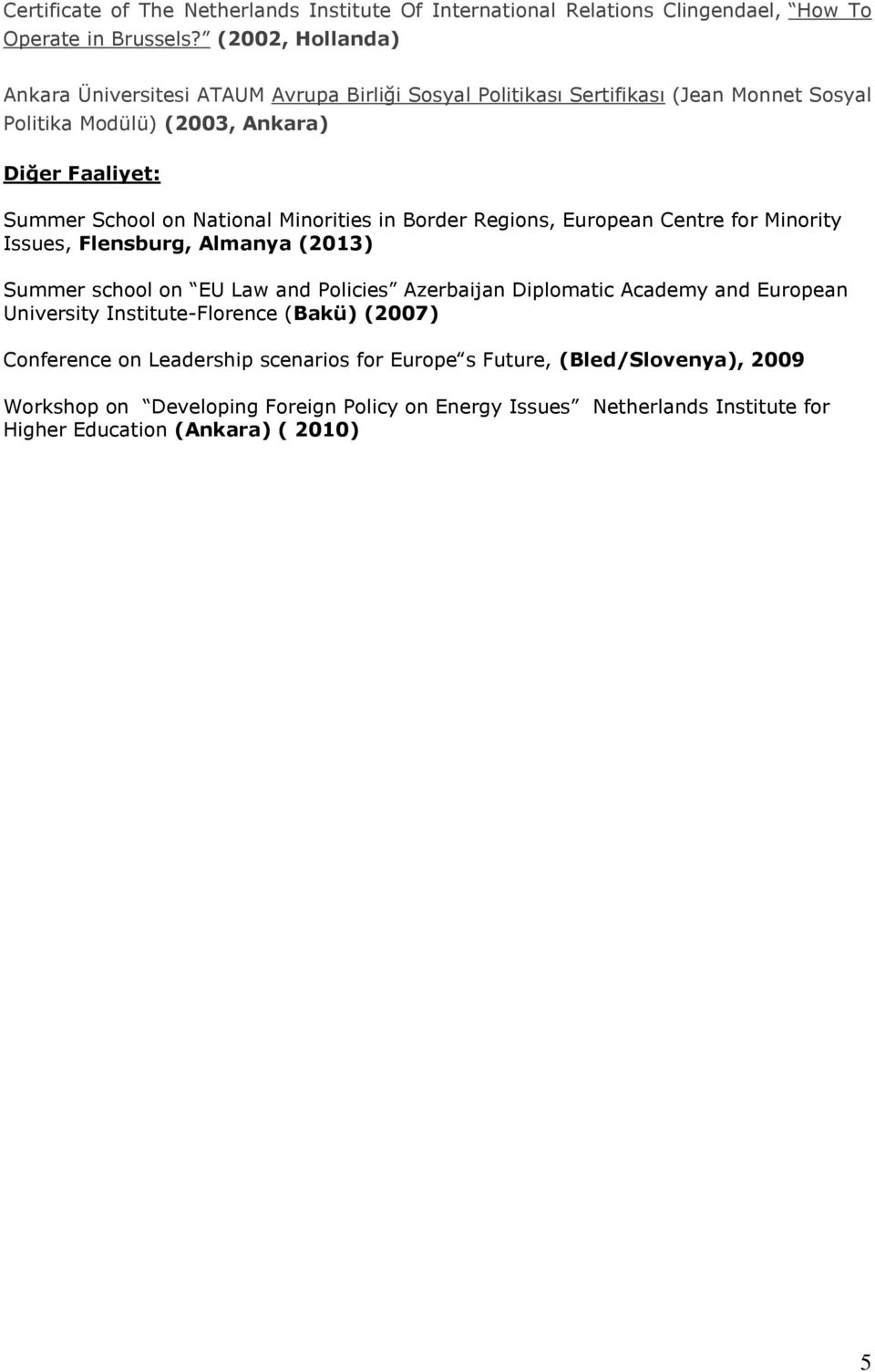 National Minorities in Border Regions, European Centre for Minority Issues, Flensburg, Almanya (2013) Summer school on EU Law and Policies Azerbaijan Diplomatic Academy and