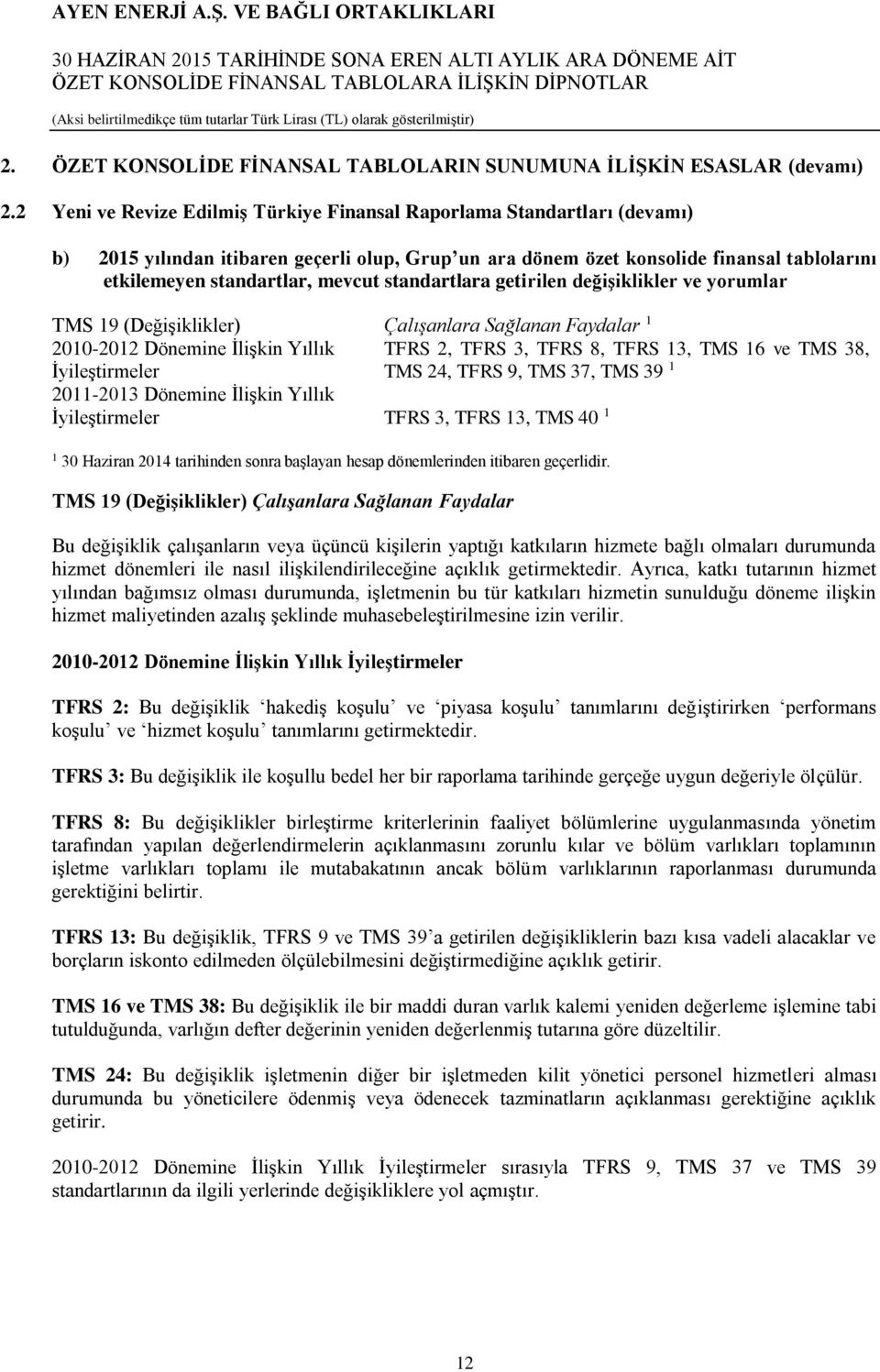 standartlara getirilen değişiklikler ve yorumlar TMS 19 (Değişiklikler) Çalışanlara Sağlanan Faydalar 1 2010-2012 Dönemine İlişkin Yıllık TFRS 2, TFRS 3, TFRS 8, TFRS 13, TMS 16 ve TMS 38,