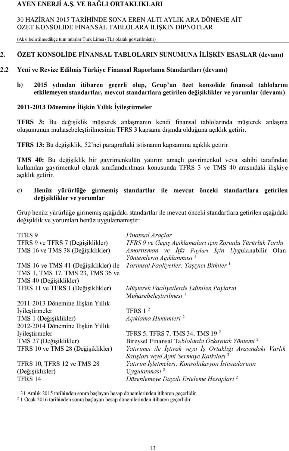 standartlara getirilen değişiklikler ve yorumlar (devamı) 2011-2013 Dönemine İlişkin Yıllık İyileştirmeler TFRS 3: Bu değişiklik müşterek anlaşmanın kendi finansal tablolarında müşterek anlaşma