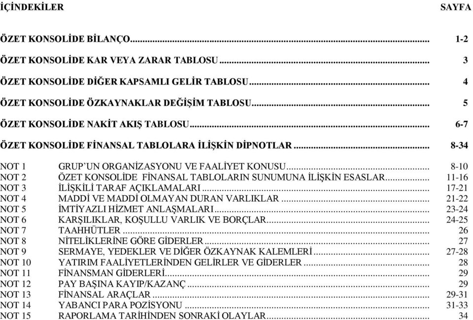 .. 11-16 NOT 3 İLİŞKİLİ TARAF AÇIKLAMALARI... 17-21 NOT 4 MADDİ VE MADDİ OLMAYAN DURAN VARLIKLAR... 21-22 NOT 5 İMTİYAZLI HİZMET ANLAŞMALARI... 23-24 NOT 6 KARŞILIKLAR, KOŞULLU VARLIK VE BORÇLAR.