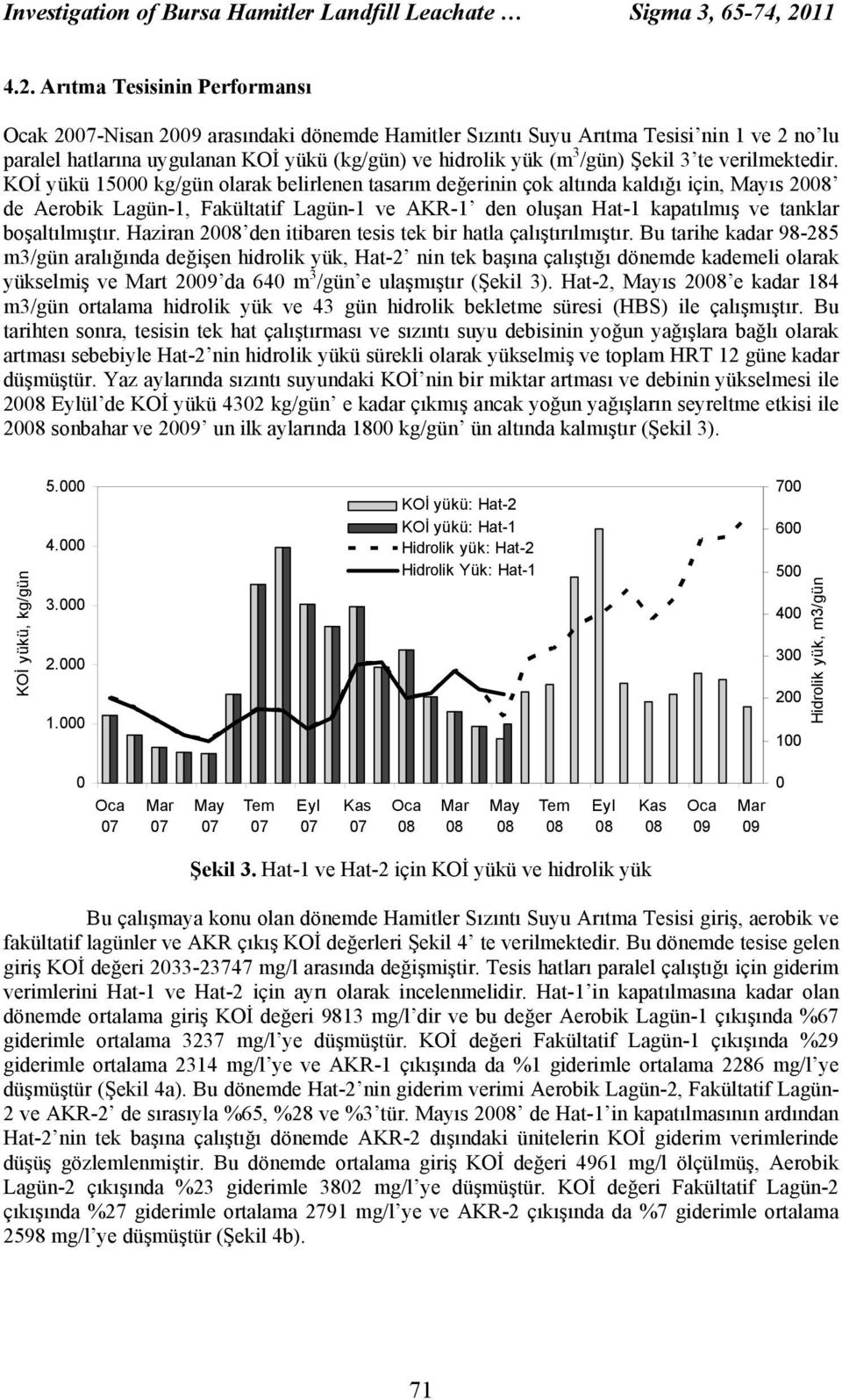 Arıtma Tesisinin Performansı Ocak 27-Nisan 29 arasındaki dönemde Hamitler Sızıntı Suyu Arıtma Tesisi nin 1 ve 2 no lu paralel hatlarına uygulanan KOİ yükü (kg/gün) ve hidrolik yük (m 3 /gün) Şekil 3