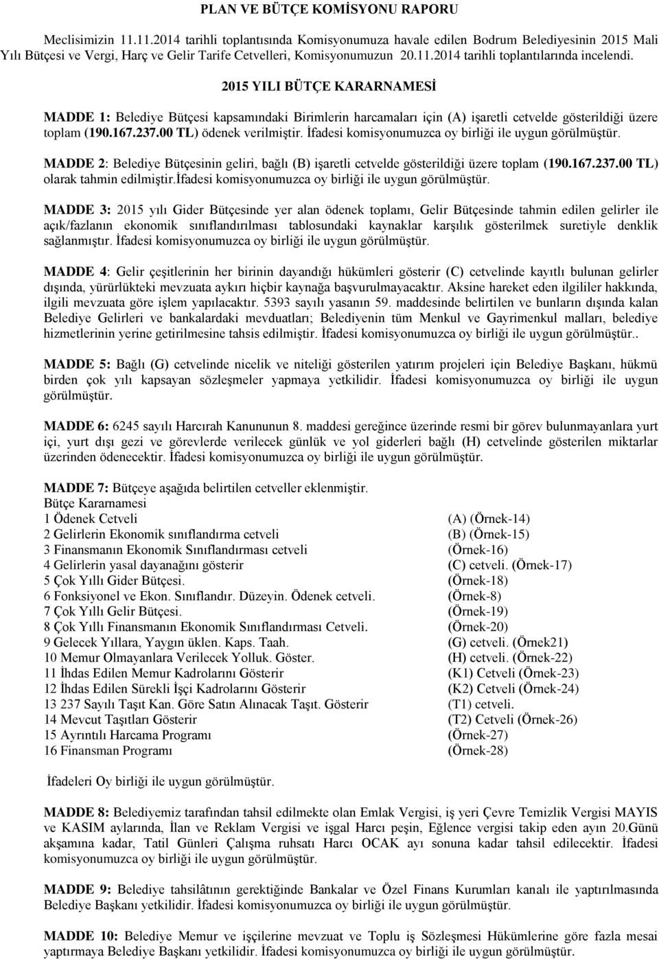 2015 YILI BÜTÇE KARARNAMESĠ MADDE 1: Belediye Bütçesi kapsamındaki Birimlerin harcamaları için (A) iģaretli cetvelde gösterildiği üzere toplam (190.167.237.00 TL) ödenek verilmiģtir.