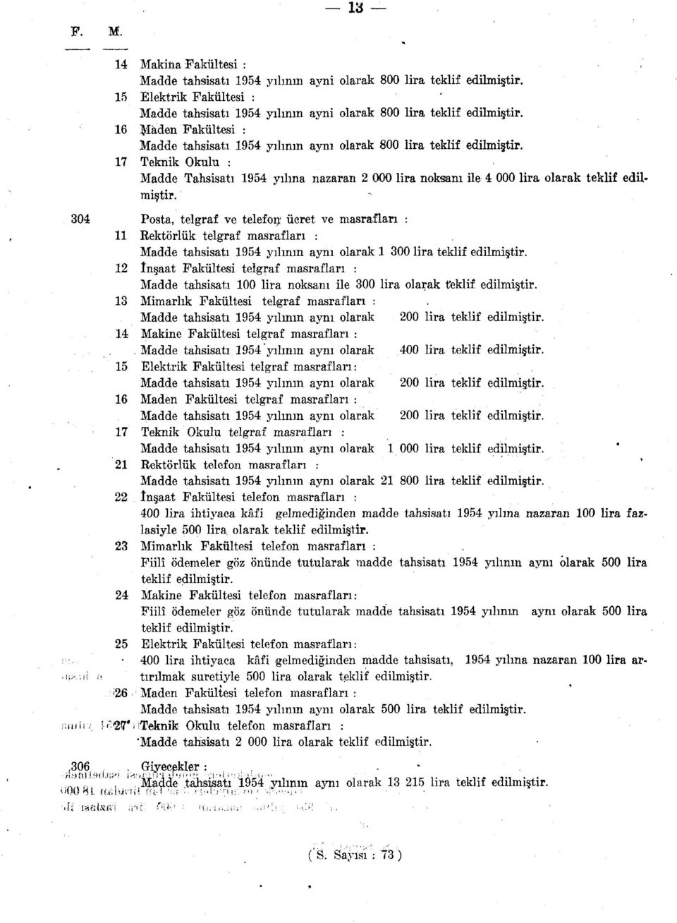 34 Posta, telgraf ve telefon ücret ve masrafları : Rektörlük telgraf masrafları : Madde tahsisatı 954 yılının aynı olarak 3 lira teklif edilmiştir.