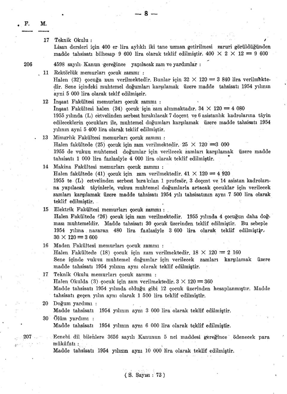 Sene içindeki muhtemel doğumları karşılamak üzere madde tahsisatı 954 yılının ayni 5 lira olarak teklf edilmişeir.