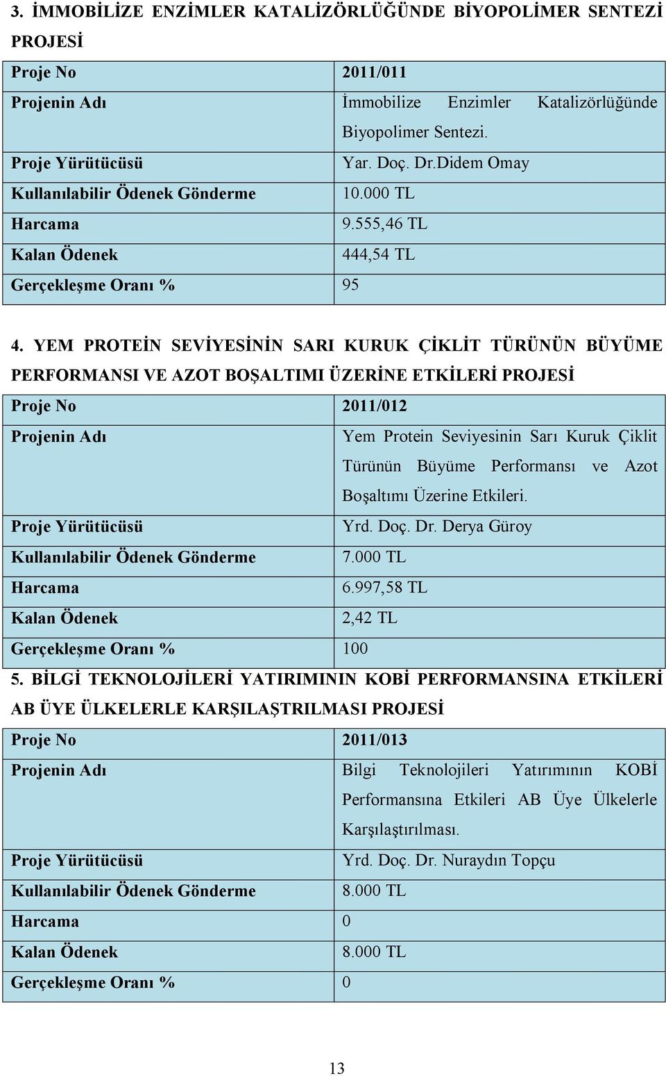 YEM PROTEİN SEVİYESİNİN SARI KURUK ÇİKLİT TÜRÜNÜN BÜYÜME PERFORMANSI VE AZOT BOŞALTIMI ÜZERİNE ETKİLERİ PROJESİ Proje No 2011/012 Yem Protein Seviyesinin Sarı Kuruk Çiklit Türünün Büyüme Performansı