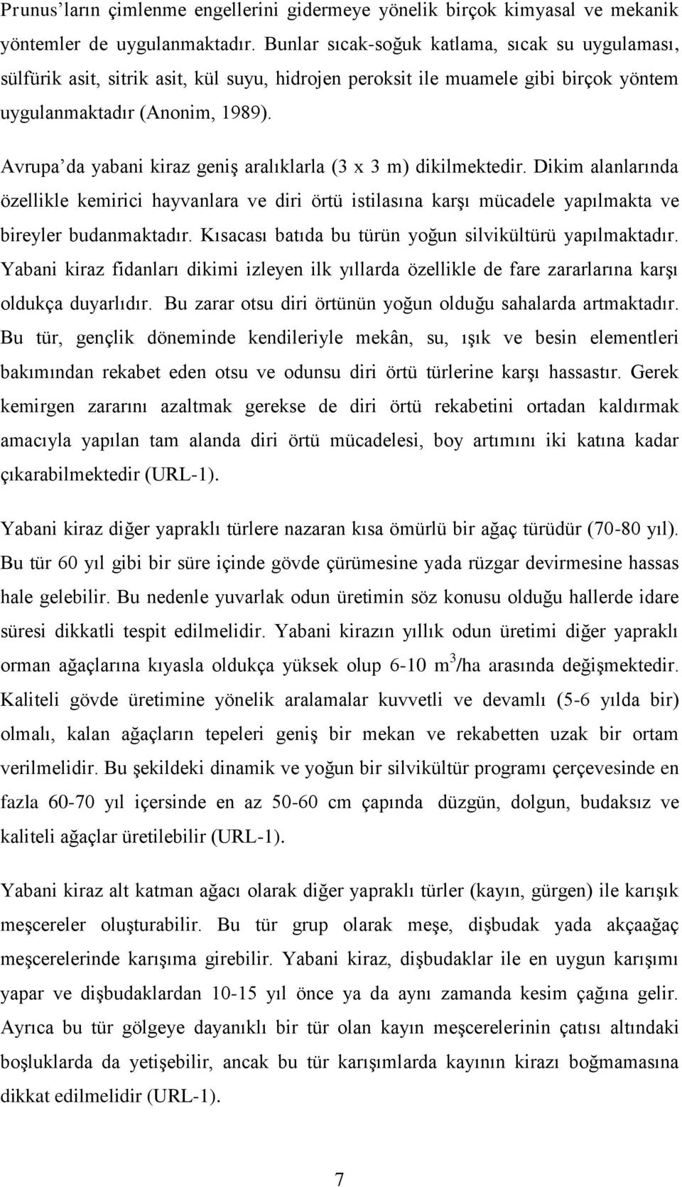 Avrupa da yabani kiraz geniş aralıklarla (3 x 3 m) dikilmektedir. Dikim alanlarında özellikle kemirici hayvanlara ve diri örtü istilasına karşı mücadele yapılmakta ve bireyler budanmaktadır.