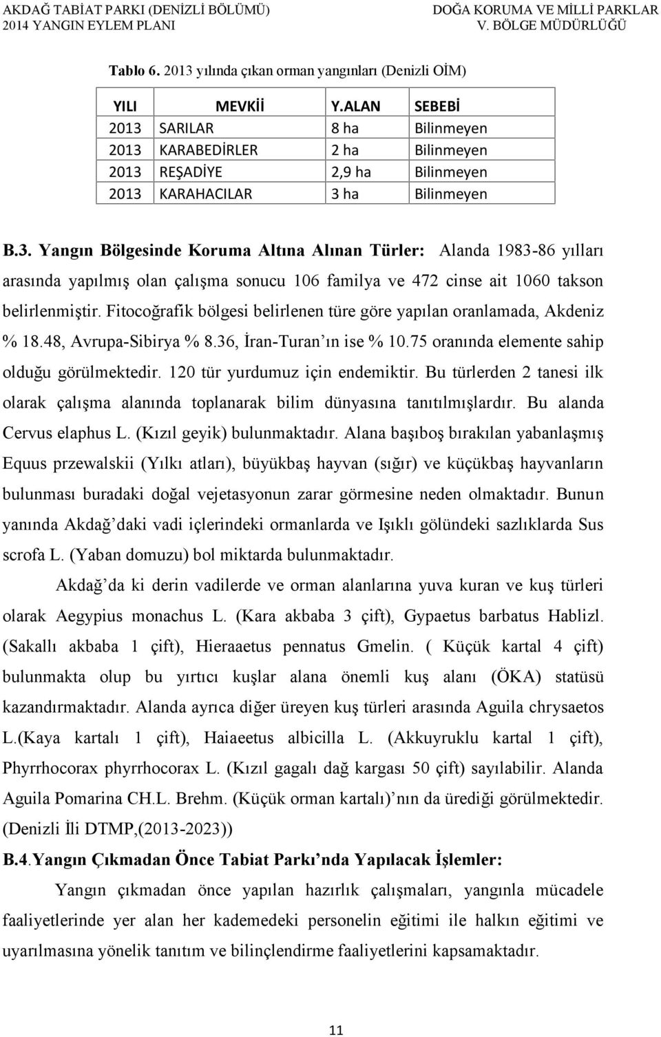 Fitocoğrafik bölgesi belirlenen türe göre yapılan oranlamada, Akdeniz % 18.48, Avrupa-Sibirya % 8.36, İran-Turan ın ise % 10.75 oranında elemente sahip olduğu görülmektedir.