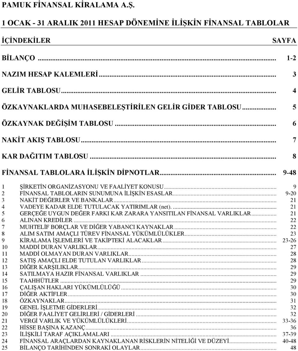 .. 9 2 FİNANSAL TABLOLARIN SUNUMUNA İLİŞKİN ESASLAR... 9-20 3 NAKİT DEĞERLER VE BANKALAR... 21 4 VADEYE KADAR ELDE TUTULACAK YATIRIMLAR (net).