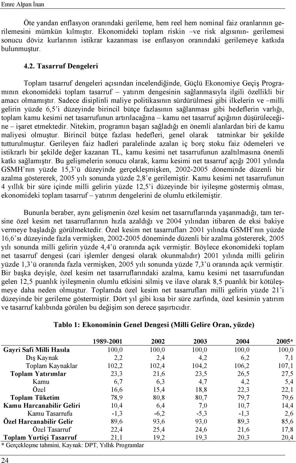 4.2. Tasarruf Dengeleri Toplam tasarruf dengeleri açısından incelendiğinde, Güçlü Ekonomiye Geçiş Programının ekonomideki toplam tasarruf yatırım dengesinin sağlanmasıyla ilgili özellikli bir amacı