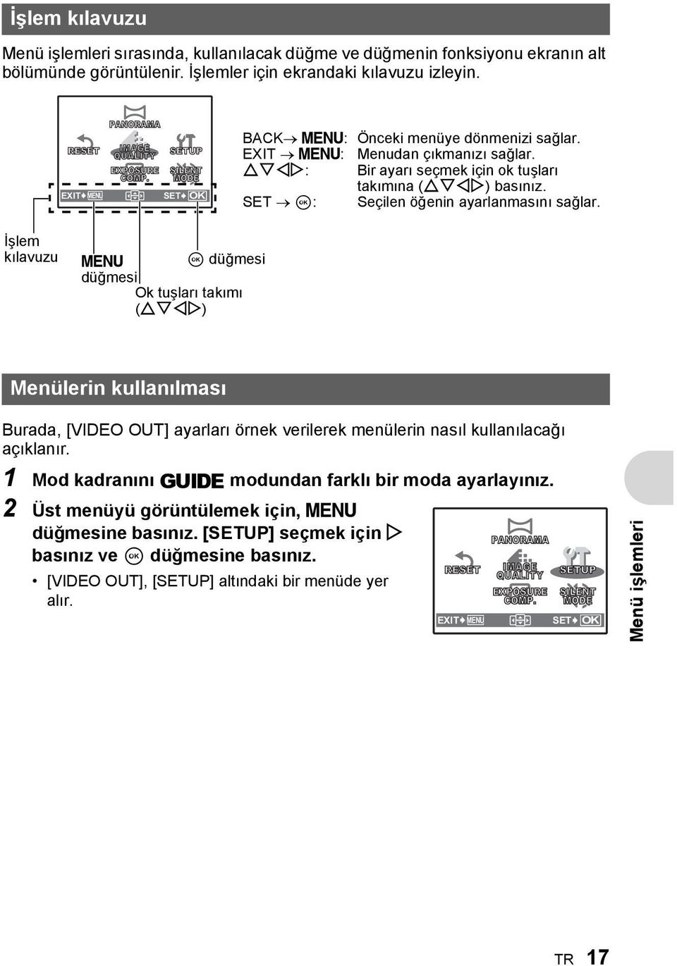 ONXY: Bir ayarı seçmek için ok tuşları takımına (ONXY) basınız. SET i: Seçilen öğenin ayarlanmasını sağlar.