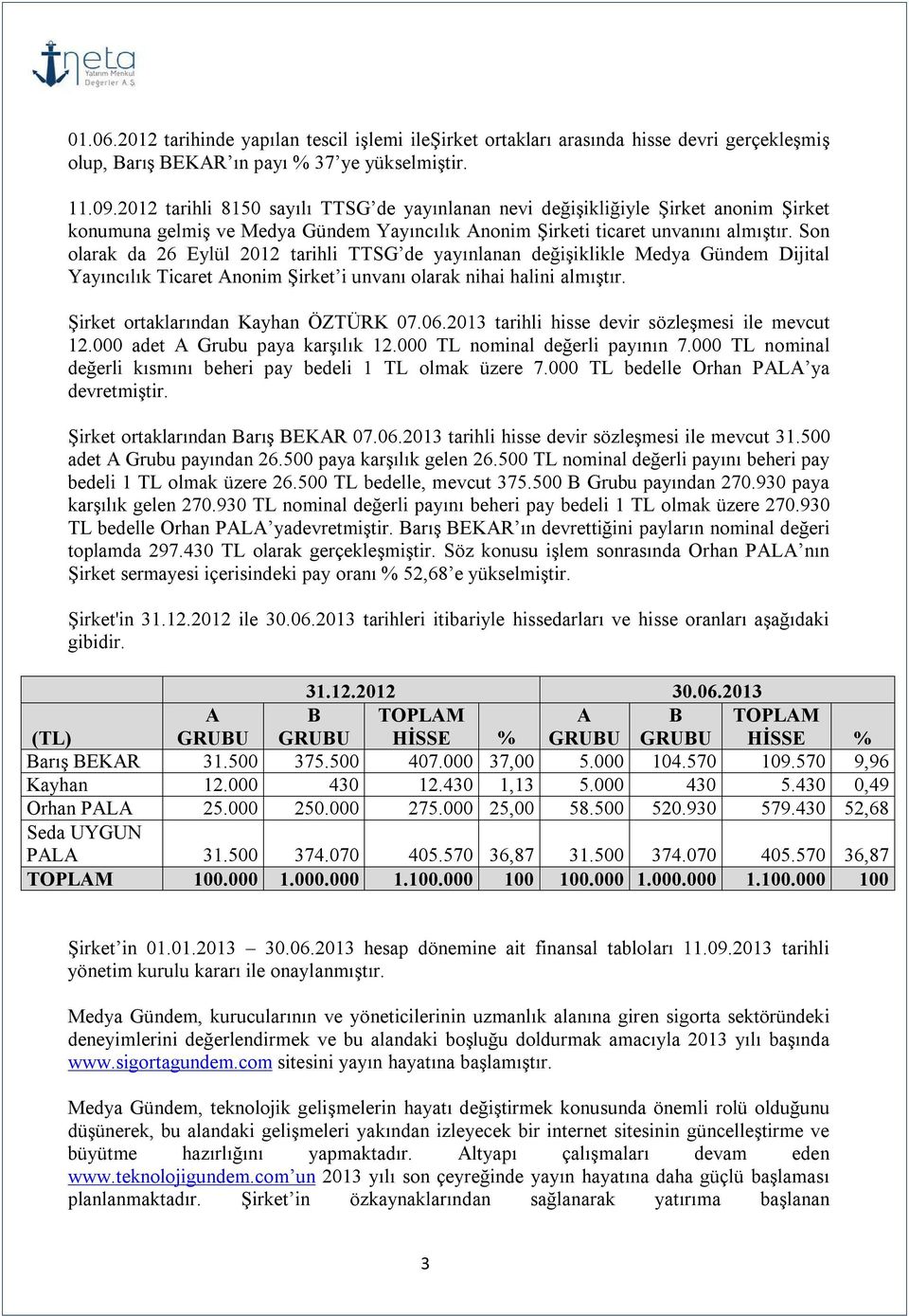 Son olarak da 26 Eylül 2012 tarihli TTSG de yayınlanan değişiklikle Medya Gündem Dijital Yayıncılık Ticaret Anonim Şirket i unvanı olarak nihai halini almıştır. Şirket ortaklarından Kayhan ÖZTÜRK 07.