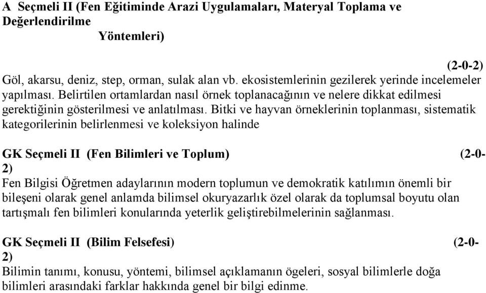 Bitki ve hayvan örneklerinin toplanması, sistematik kategorilerinin belirlenmesi ve koleksiyon halinde GK Seçmeli II (Fen Bilimleri ve Toplum) (2-0- 2) Fen Bilgisi Öğretmen adaylarının modern