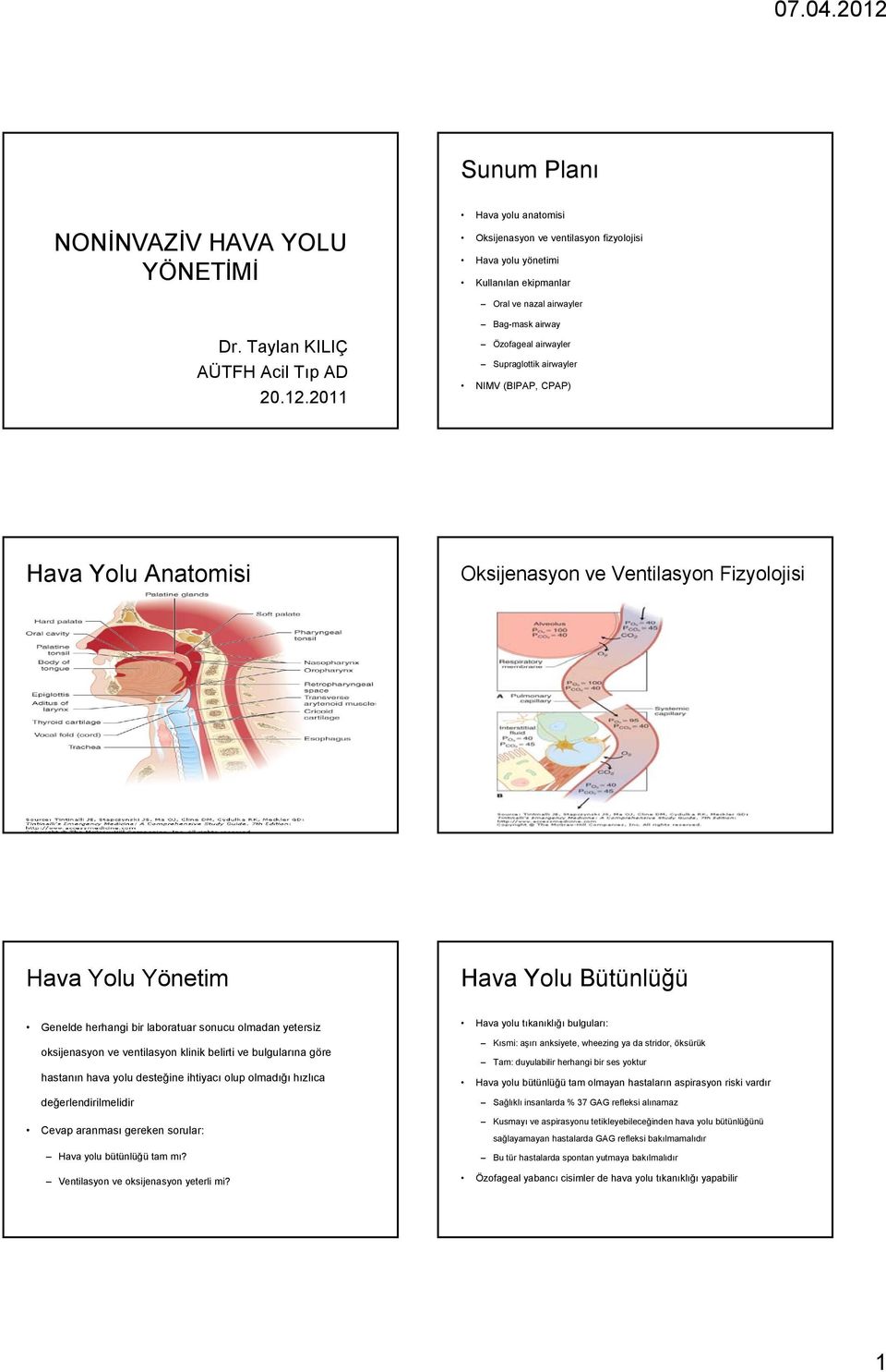 2011 Bag-mask airway Özofageal airwayler Supraglottik airwayler NIMV (BIPAP, CPAP) Hava Yolu Anatomisi Oksijenasyon ve Ventilasyon Fizyolojisi Hava Yolu Yönetim Hava Yolu Bütünlüğü Genelde herhangi