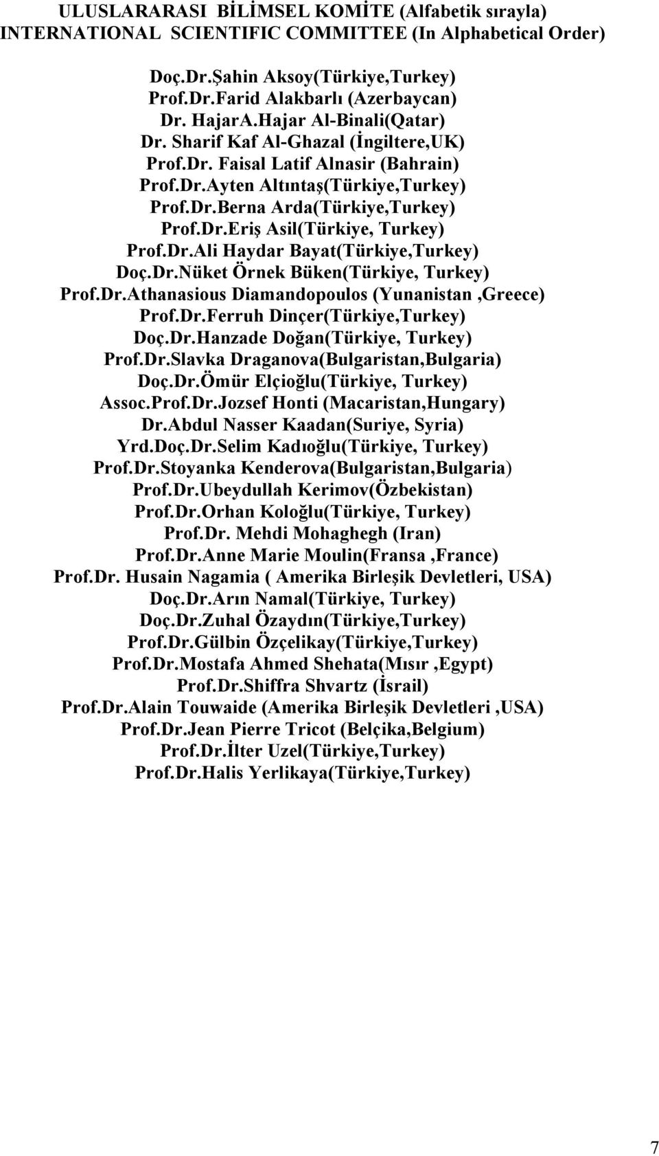 Dr.Ali Haydar Bayat(Türkiye,Turkey) Doç.Dr.Nüket Örnek Büken(Türkiye, Turkey) Prof.Dr.Athanasious Diamandopoulos (Yunanistan,Greece) Prof.Dr.Ferruh Dinçer(Türkiye,Turkey) Doç.Dr.Hanzade Doğan(Türkiye, Turkey) Prof.