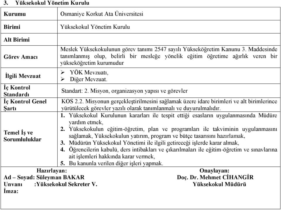 2. Misyonun gerçekleştirilmesini sağlamak üzere idare birimleri ve alt birimlerince 1. Yüksekokul Kurulunun kararları ile tespit ettiği esasların uygulanmasında Müdüre yardım etmek, 2.