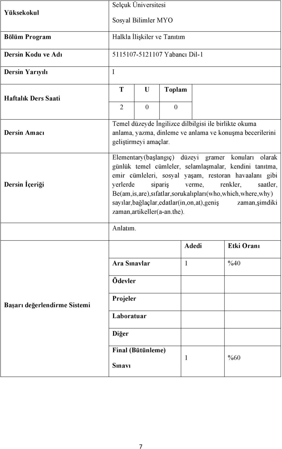 Elementary(başlangıç) düzeyi gramer konuları olarak günlük temel cümleler, selamlaşmalar, kendini tanıtma, emir cümleleri, sosyal yaşam, restoran