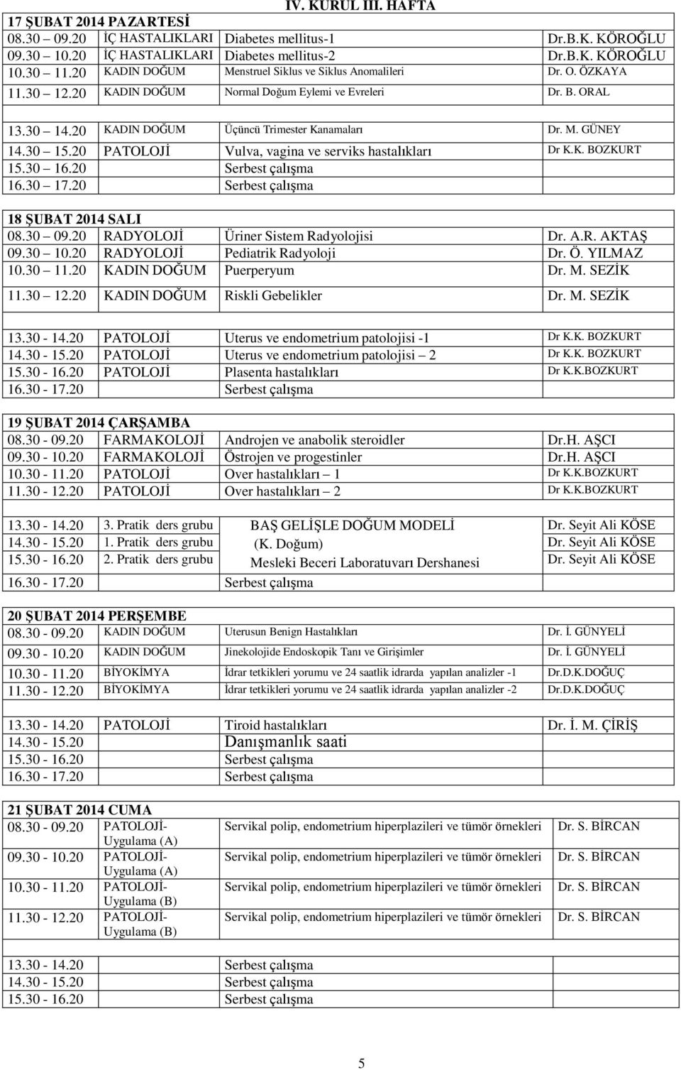 30 15.20 PATOLOJİ Vulva, vagina ve serviks hastalıkları Dr K.K. BOZKURT 18 ŞUBAT 2014 SALI 08.30 09.20 RADYOLOJİ Üriner Sistem Radyolojisi Dr. A.R. AKTAŞ 09.30 10.20 RADYOLOJİ Pediatrik Radyoloji Dr.