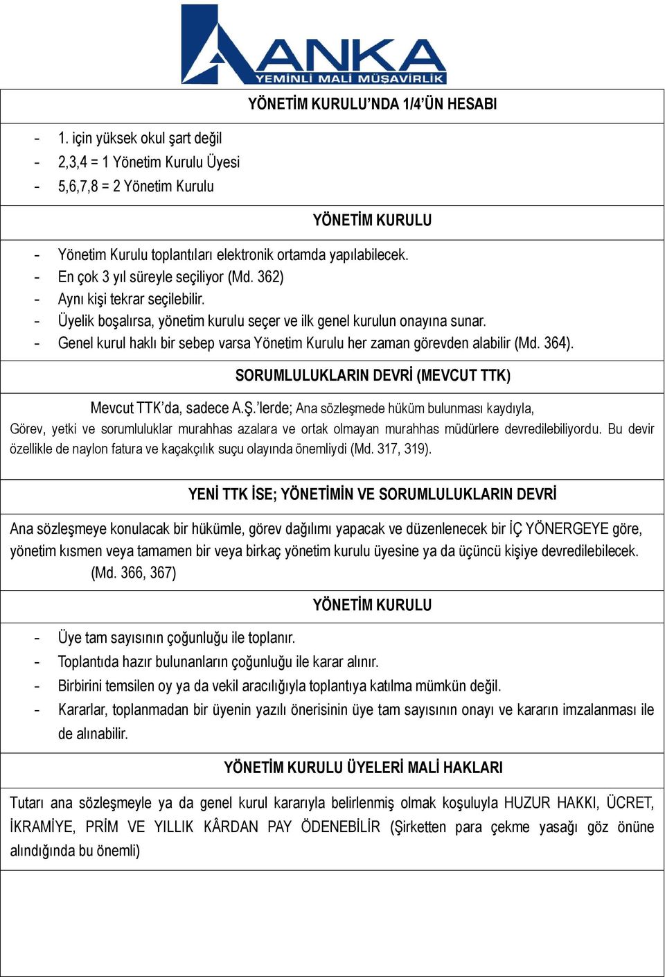 - En çok 3 yıl süreyle seçiliyor (Md. 362) - Aynı kişi tekrar seçilebilir. - Üyelik boşalırsa, yönetim kurulu seçer ve ilk genel kurulun onayına sunar.