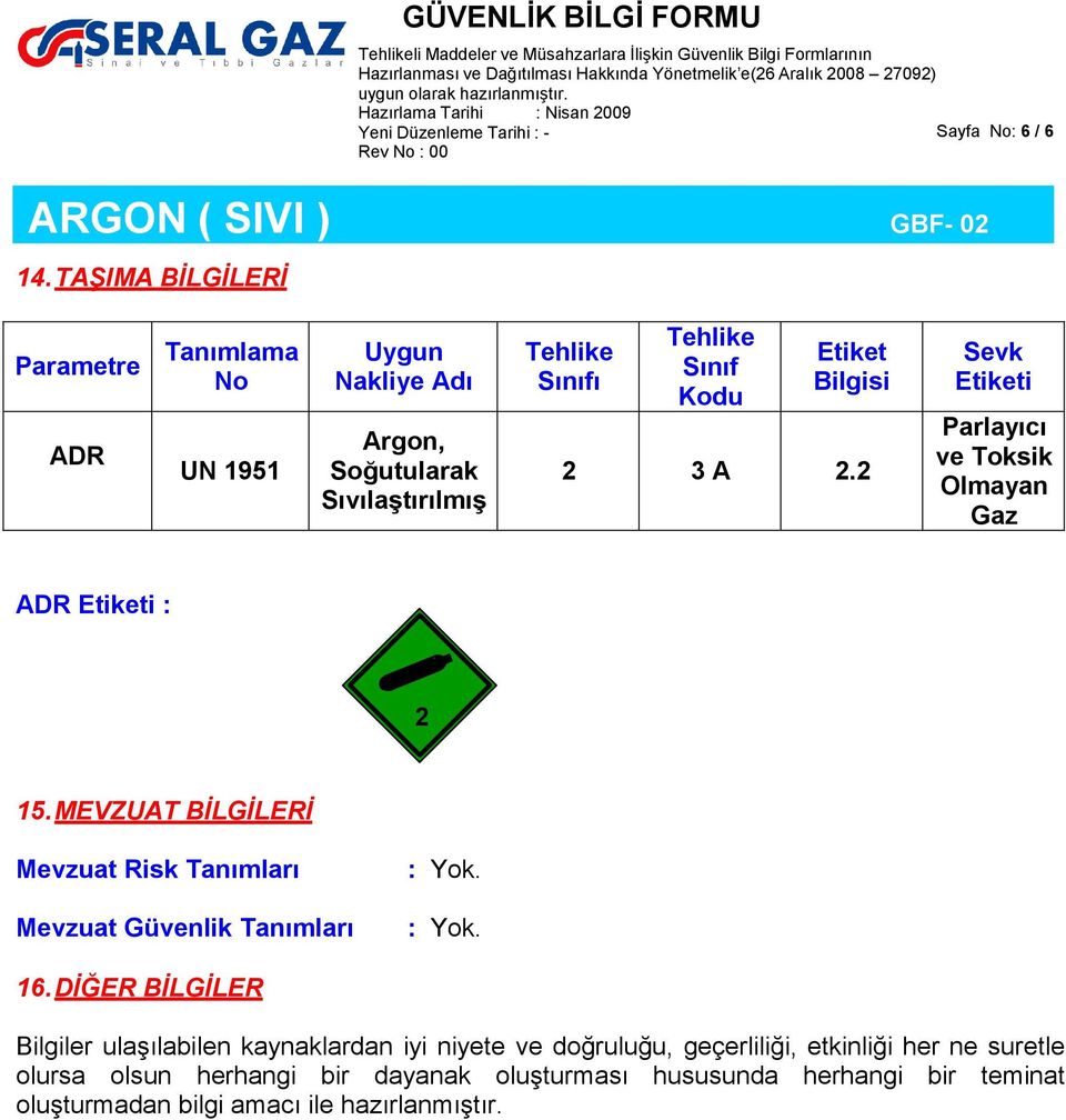 Etiket Bilgisi 2 3 A 2.2 Sevk Etiketi Parlayıcı ve Toksik Olmayan Gaz ADR Etiketi : 2 15.