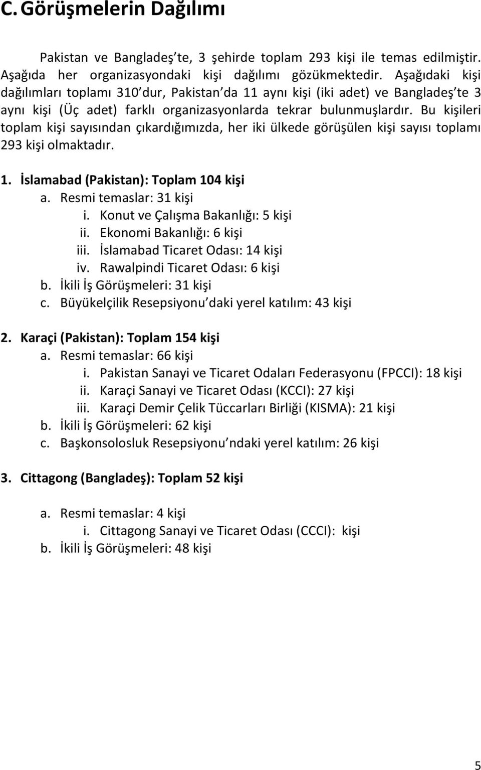 Bu kişileri toplam kişi sayısından çıkardığımızda, her iki ülkede görüşülen kişi sayısı toplamı 293 kişi olmaktadır. 1. İslamabad (Pakistan): Toplam 104 kişi a. Resmi temaslar: 31 kişi i.