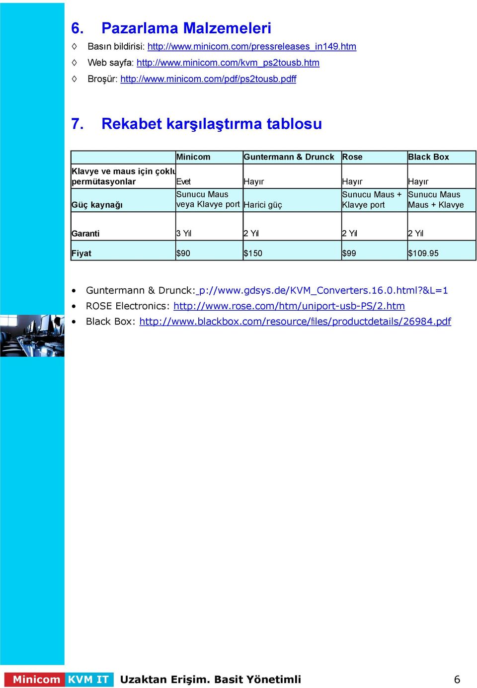 Rekabet karşılaştırma tablosu Minicom Guntermann & Drunck Rose Black Box Klavye ve maus için çoklu permütasyonlar Evet Hayır Hayır Hayır Güç kaynağı Sunucu Maus veya Klavye port Harici