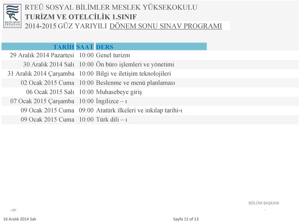 Beslenme ve menü planlaması 06 Ocak 2015 Salı 10:00 Muhasebeye giriş 07 Ocak 2015 Çarşamba 10:00 İngilizce ı 09