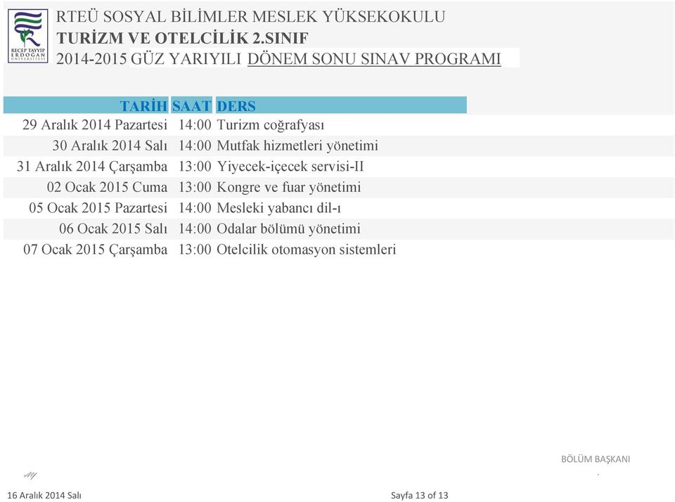 13:00 Kongre ve fuar yönetimi 05 Ocak 2015 Pazartesi 14:00 Mesleki yabancı dil-ı 06 Ocak 2015 Salı 14:00