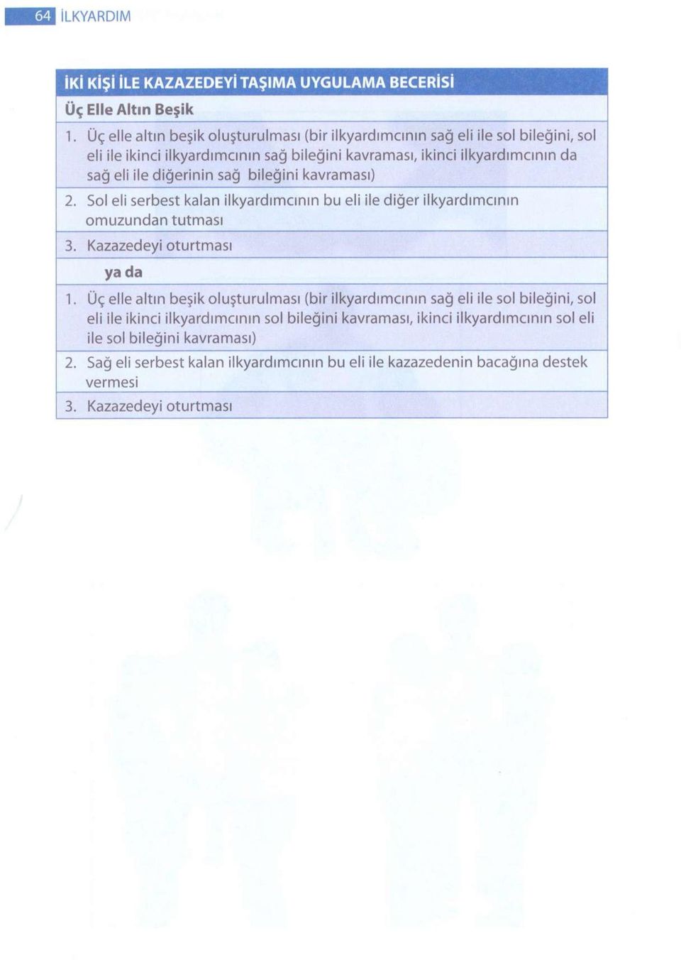 diğerinin sağ bileğini kavraması) 2. Sol eli serbest kalan ilkyardımcının bu eli ile diğer ilkyardımcının omuzundan tutması 3. Kazazedeyi oturtması ya da 1.