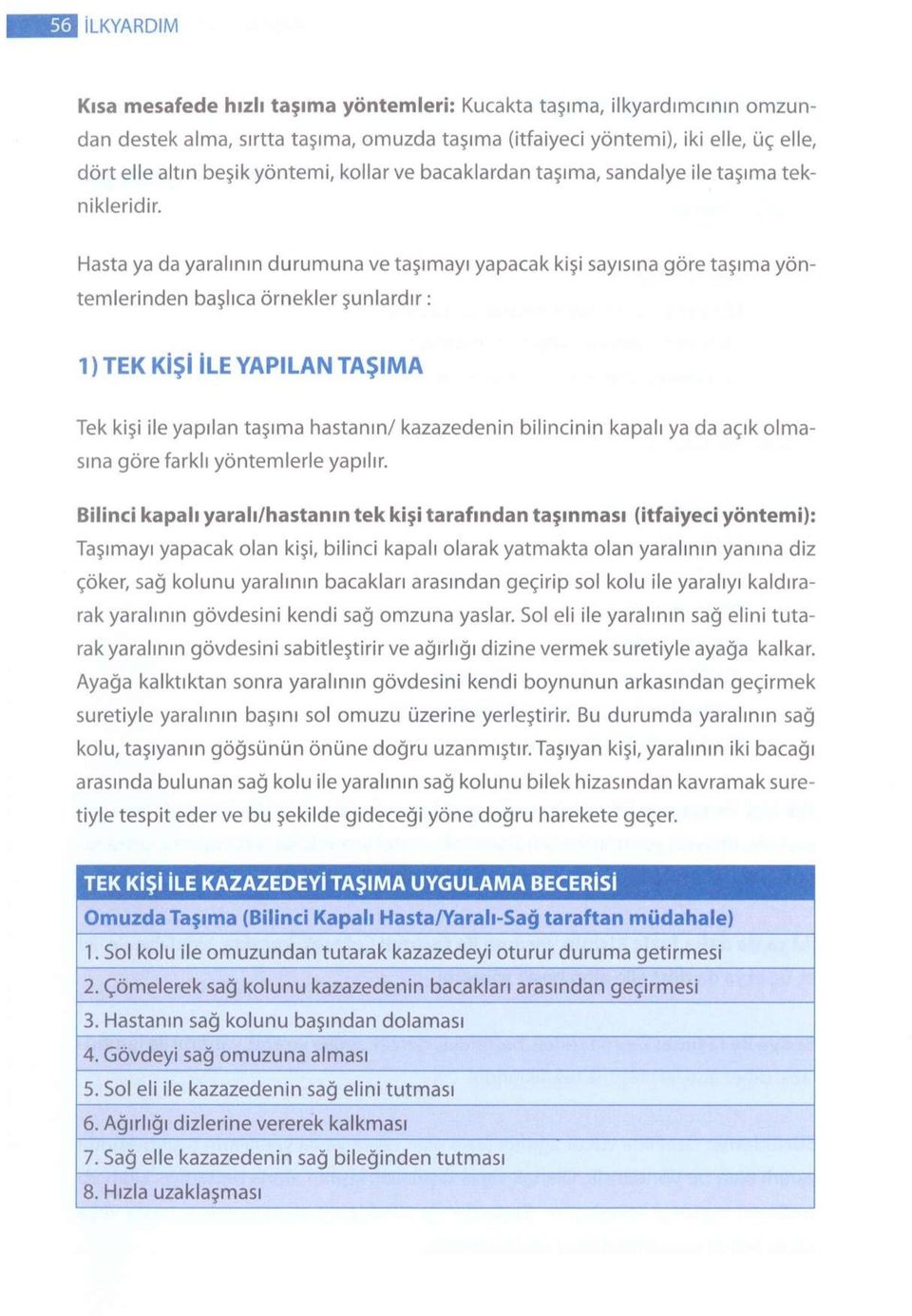 Hasta ya da yaralının durumuna ve taşımayı yapacak kişi sayısına göre taşıma yöntemlerinden başlıca örnekler şunlardır: 1) TEK KİŞİ İLE YAPILAN TAŞIMA Tek kişi ile yapılan taşıma hastanın/