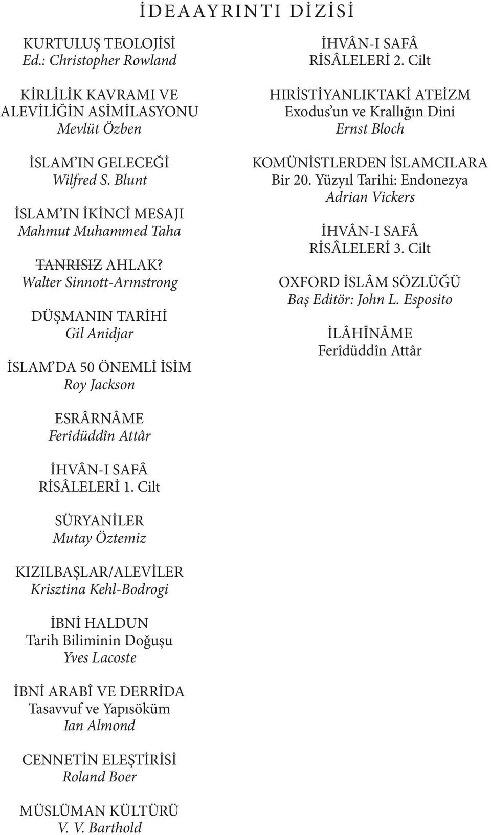 Cilt HIRİSTİYANLIKTAKİ ATEİZM Exodus un ve Krallığın Dini Ernst Bloch KOMÜNİSTLERDEN İSLAMCILARA Bir 20. Yüzyıl Tarihi: Endonezya Adrian Vickers İHVÂN-I SAFÂ RİSÂLELERİ 3.