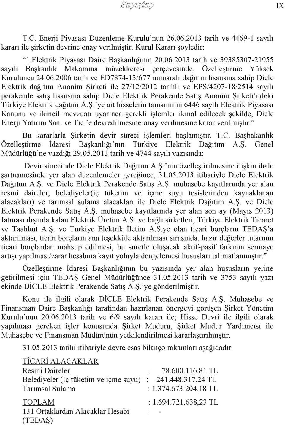 Perakende SatıĢ Anonim ġirketi ndeki Türkiye Elektrik dağıtım A.ġ. ye ait hisselerin tamamının 6446 sayılı Elektrik Piyasası Kanunu ve ikincil mevzuatı uyarınca gerekli iģlemler ikmal edilecek Ģekilde, Dicle Enerji Yatırım San.