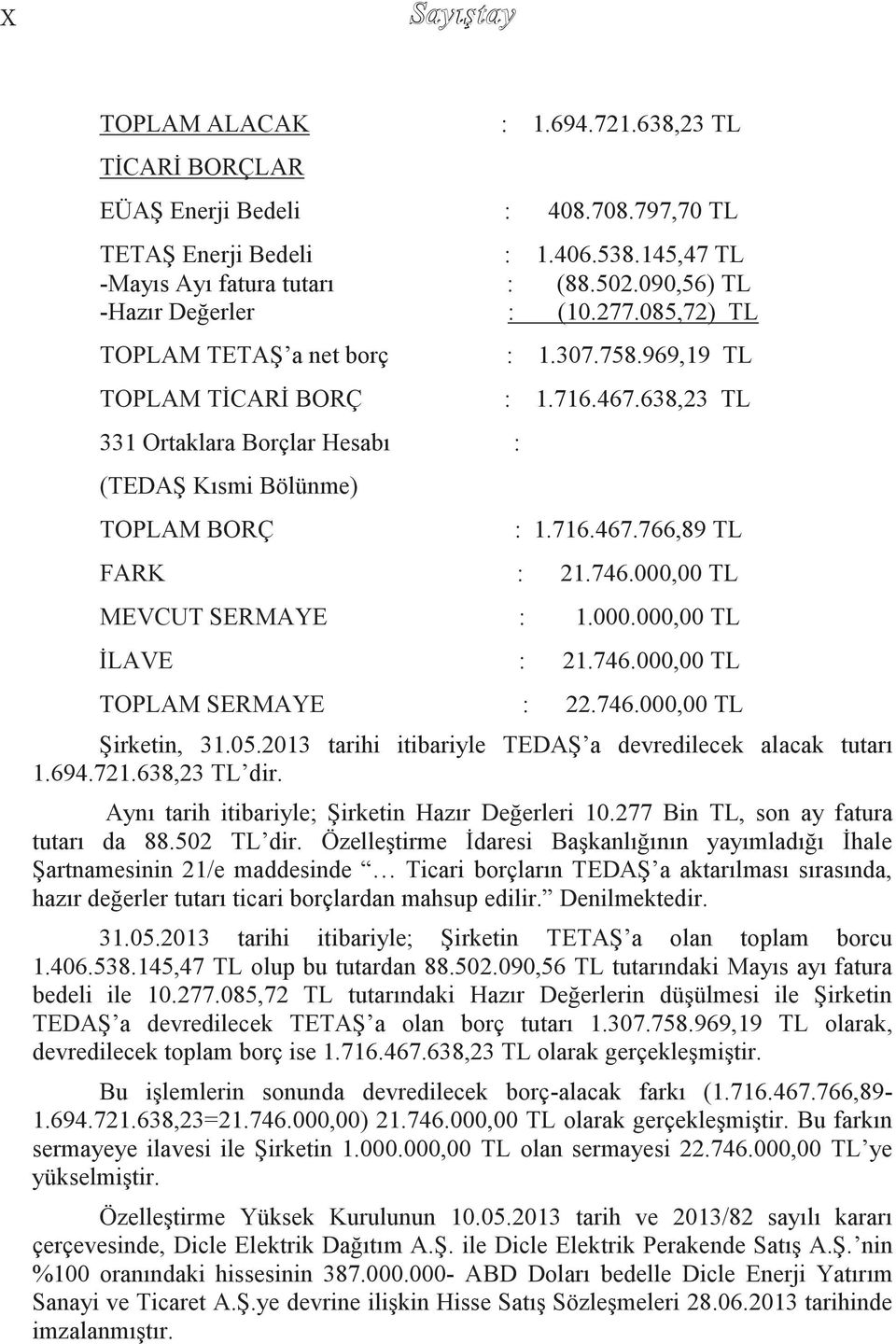 638,23 TL 331 Ortaklara Borçlar Hesabı : (TEDAġ Kısmi Bölünme) TOPLAM BORÇ : 1.716.467.766,89 TL FARK : 21.746.000,00 TL MEVCUT SERMAYE : 1.000.000,00 TL ĠLAVE : 21.746.000,00 TL TOPLAM SERMAYE : 22.