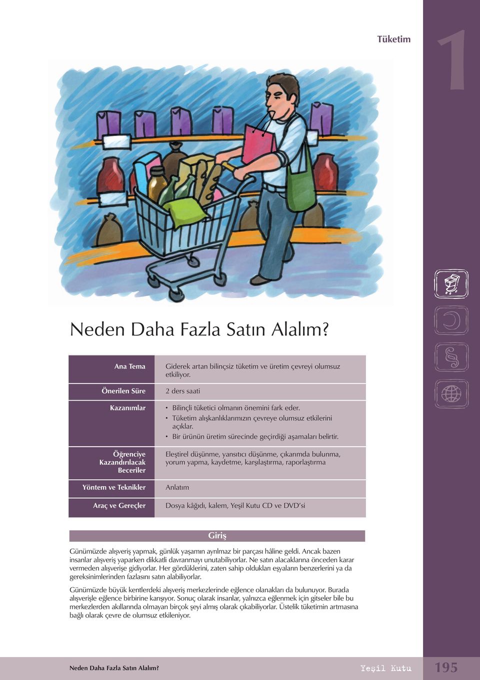 2 ders saati Bilinçli tüketici olmanın önemini fark eder. Tüketim alışkanlıklarımızın çevreye olumsuz etkilerini açıklar. Bir ürünün üretim sürecinde geçirdiği aşamaları belirtir.