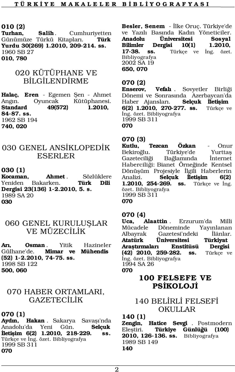 Oyuncak Kütüphanesi. Standard 49(572) 1.2010, 84-87. ss. 1962 SB 194 740, 020 Enserov, Vefal. Sovyetler Birli i Dönemi ve Sonras nda Azerbaycan'da Haber Ajanslar. Selçuk letiflim 6(2) 1.2010, 270-277.