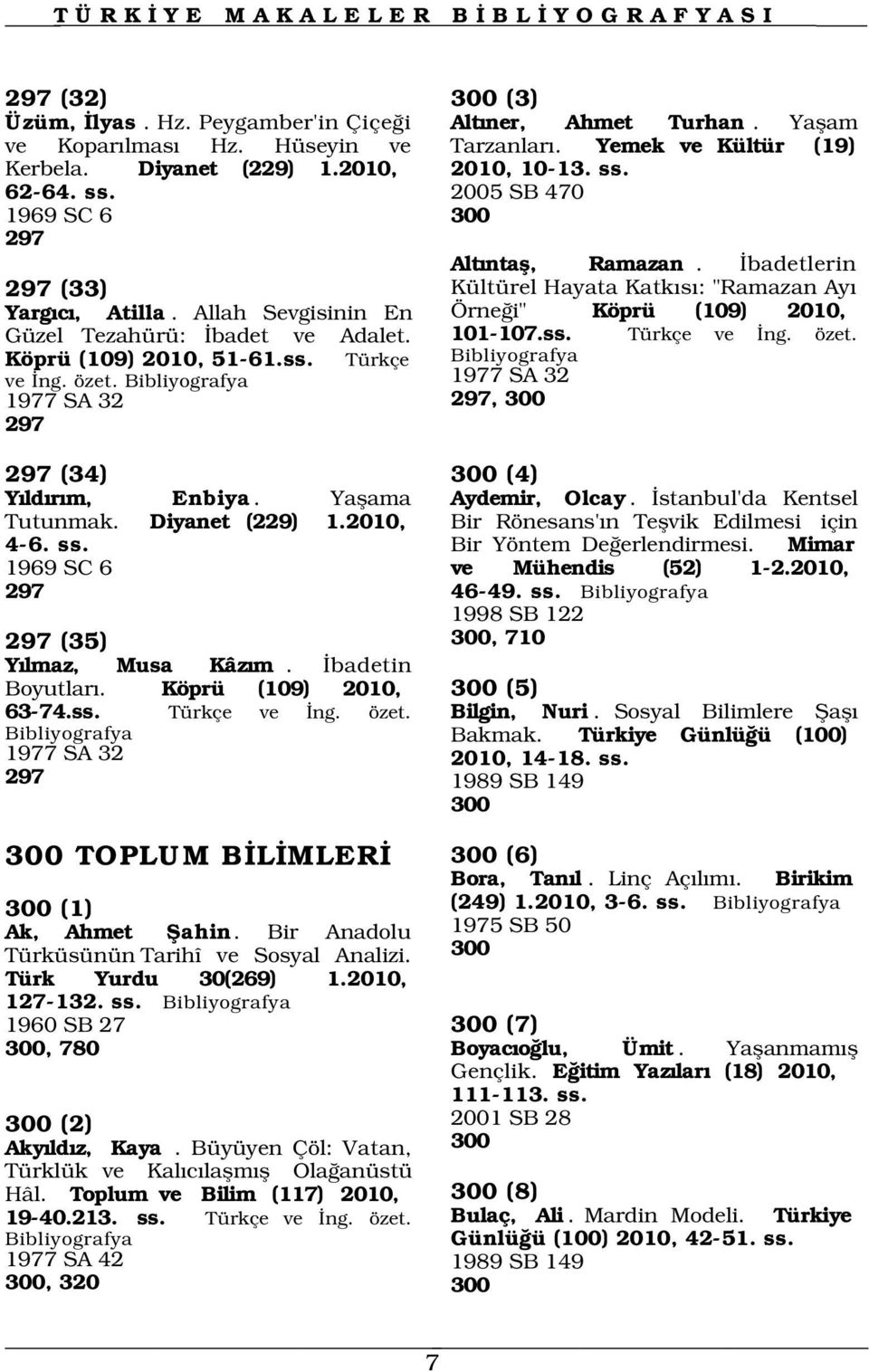 Diyanet (229) 1.2010, 4-6. ss. 1969 SC 6 297 297 (35) Y lmaz, Musa Kâz m. badetin Boyutlar. Köprü (109) 2010, 63-74.ss. Türkçe ve ng. özet. Alt ner, Ahmet Turhan. Yaflam Tarzanlar.