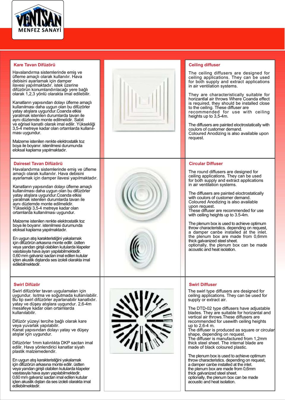 Kanatlarýn yapýsýndan dolayý üfleme amaçlý kullanýlmasý daha uygun olan bu difüzörler yatay atýþlara uygundur.coanda etkisi yaratmak istenilen durumlarda tavan ile ayný düzlemde monte edilmelidir.