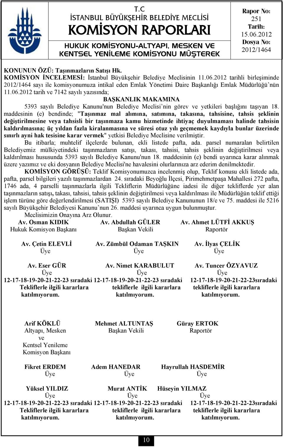 2012 tarih ve 7142 sayılı yazısında; BAŞKANLIK MAKAMINA 5393 sayılı Belediye Kanunu'nun Belediye Meclisi nin görev ve yetkileri başlığını taşıyan 18.