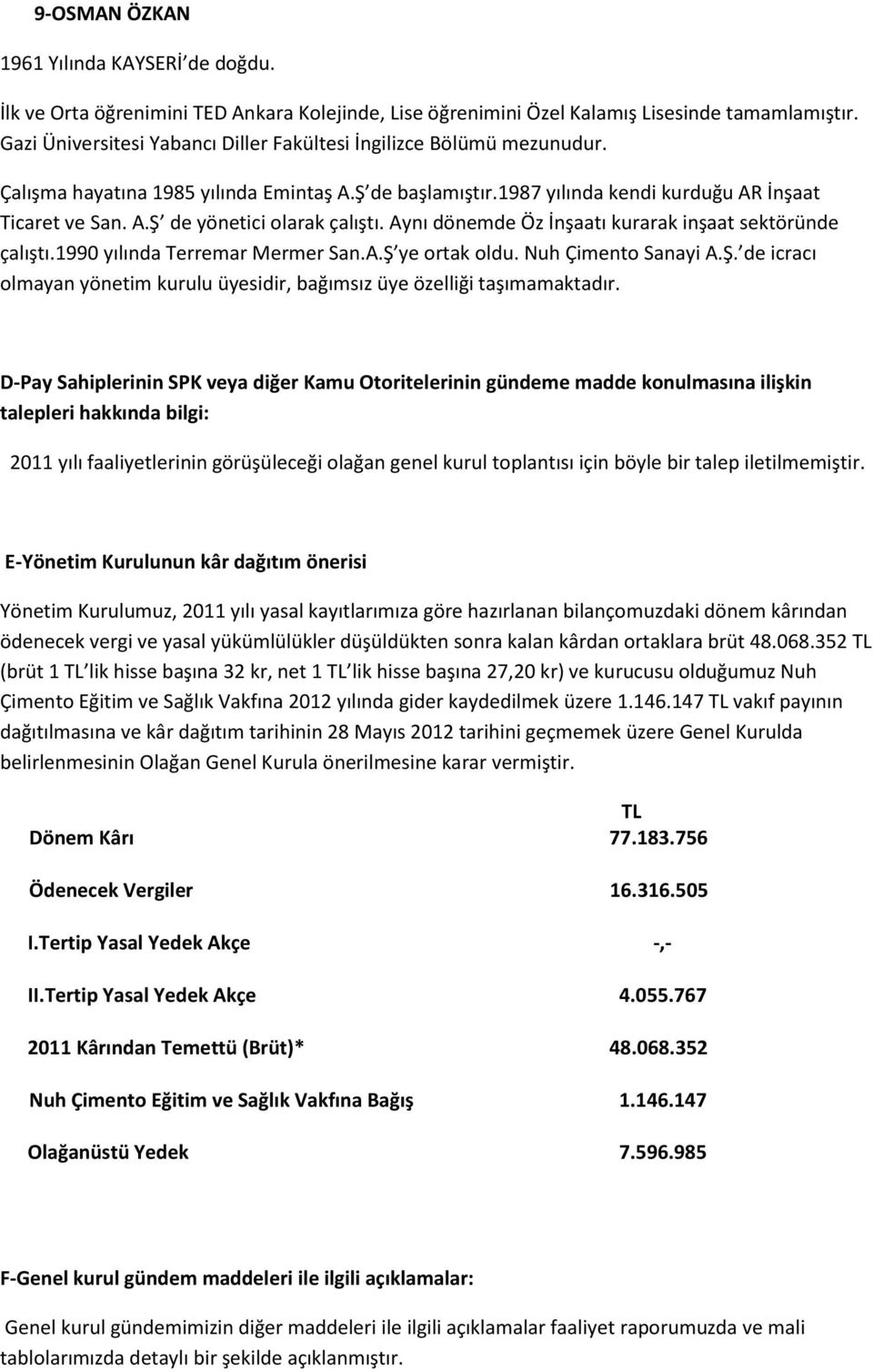 Aynı dönemde Öz İnşaatı kurarak inşaat sektöründe çalıştı.1990 yılında Terremar Mermer San.A.Ş ye ortak oldu. Nuh Çimento Sanayi A.Ş. de icracı olmayan yönetim kurulu üyesidir, bağımsız üye özelliği taşımamaktadır.