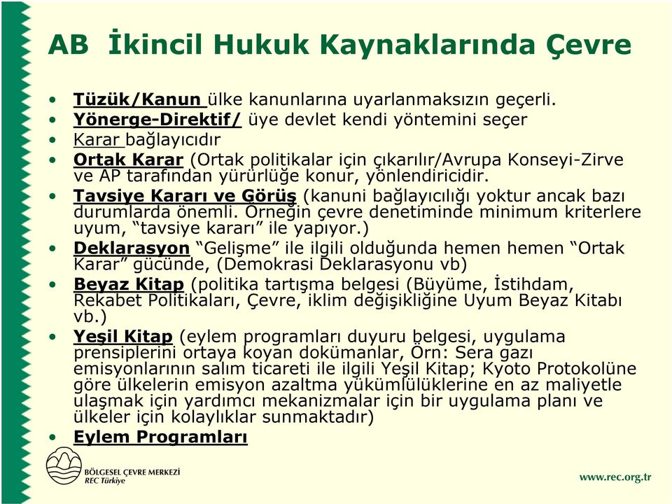 Tavsiye Kararı ve Görüş (kanuni bağlayıcılığı yoktur ancak bazı durumlarda önemli. Örneğin çevre denetiminde minimum kriterlere uyum, tavsiye kararı ile yapıyor.