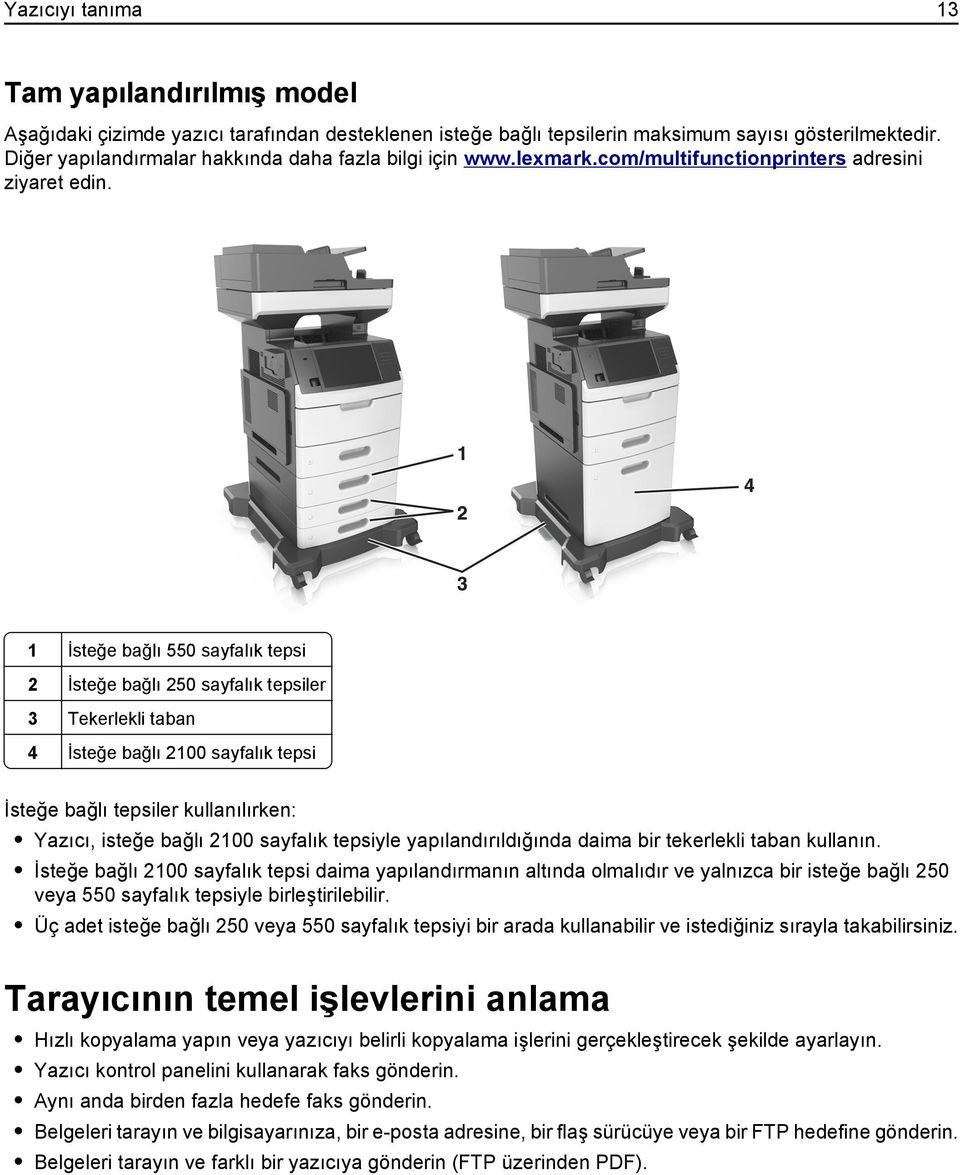 1 İsteğe bağlı 550 sayfalık tepsi 2 İsteğe bağlı 250 sayfalık tepsiler 3 Tekerlekli taban 4 İsteğe bağlı 2100 sayfalık tepsi İsteğe bağlı tepsiler kullanılırken: Yazıcı, isteğe bağlı 2100 sayfalık