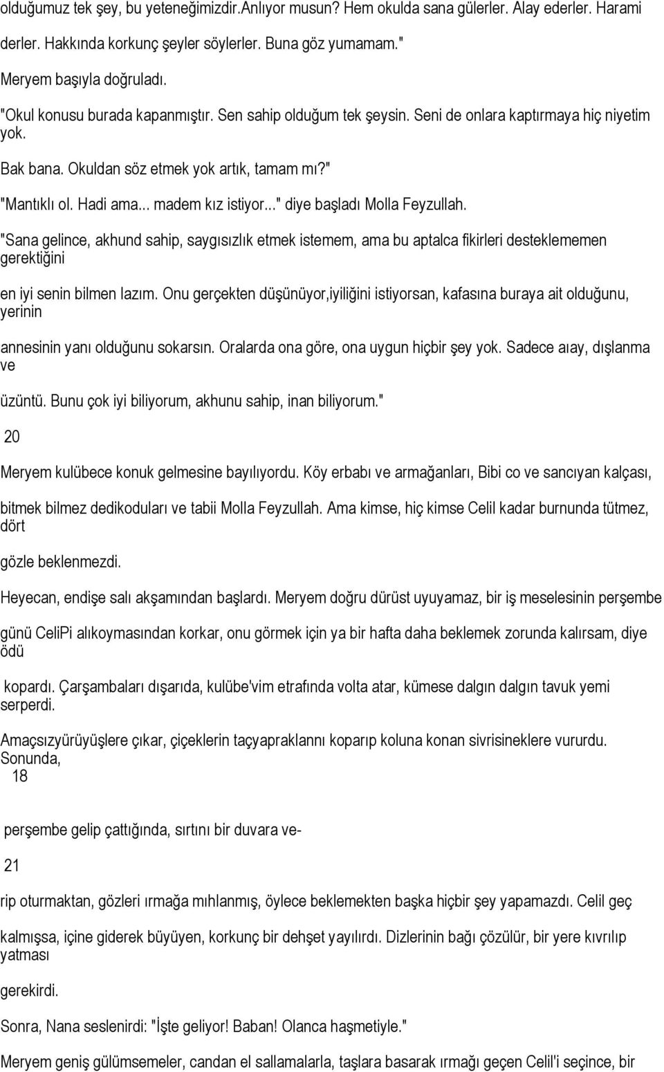 .." diye başladı Molla Feyzullah. "Sana gelince, akhund sahip, saygısızlık etmek istemem, ama bu aptalca fikirleri desteklememen gerektiğini en iyi senin bilmen lazım.