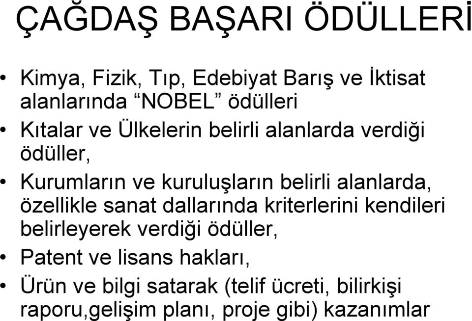 alanlarda, özellikle sanat dallarında kriterlerini kendileri belirleyerek verdiği ödüller, Patent