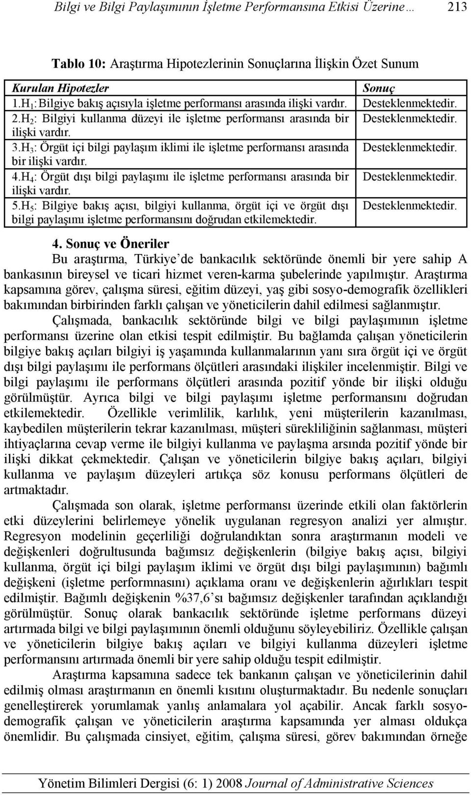 H 3 : Örgüt içi bilgi paylaşım iklimi ile işletme performansı arasında Desteklenmektedir. bir ilişki vardır. 4.H 4 : Örgüt dışı bilgi paylaşımı ile işletme performansı arasında bir Desteklenmektedir.